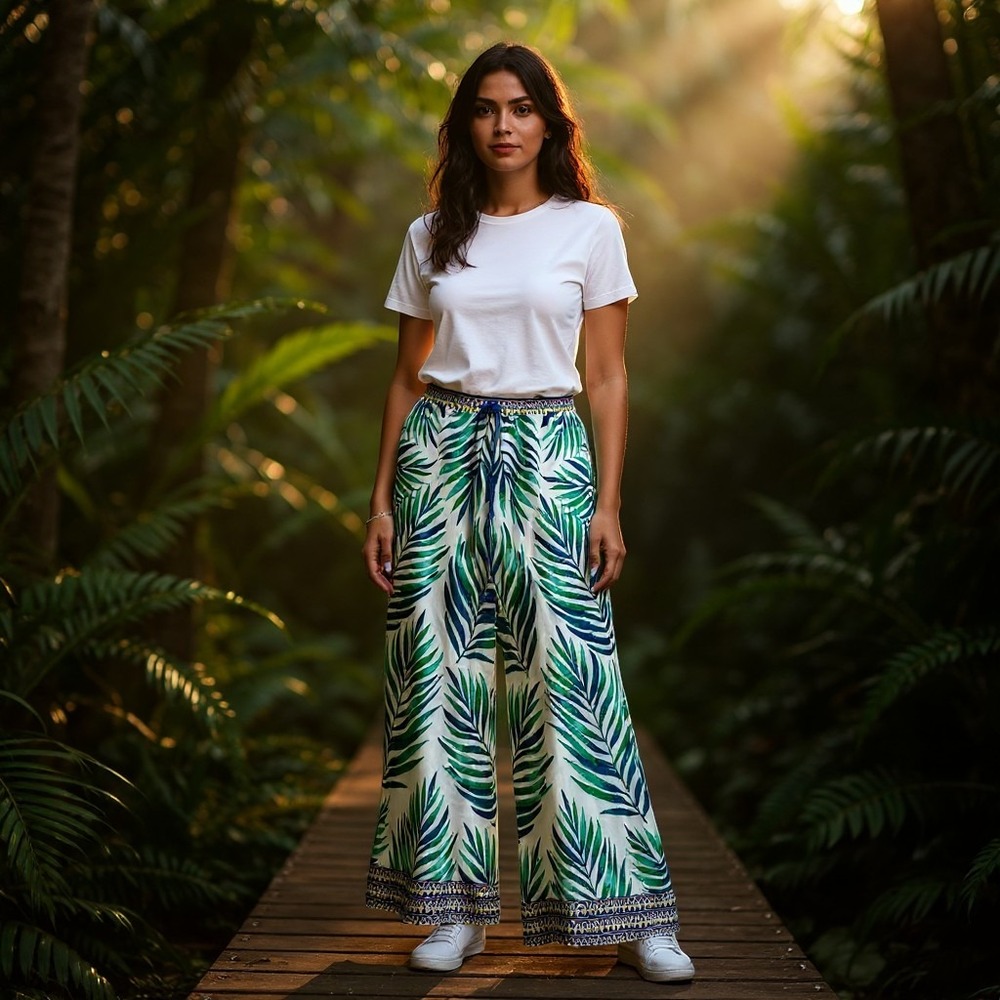 Free Market Flying Tomato Pants Wms L White Green Palm Leaf Wide Leg Boho Beach